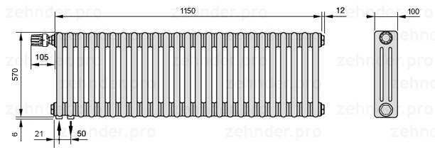 Схема (чертеж) Радиатор Zehnder Charleston 3057/25 №V001 Technoline TL